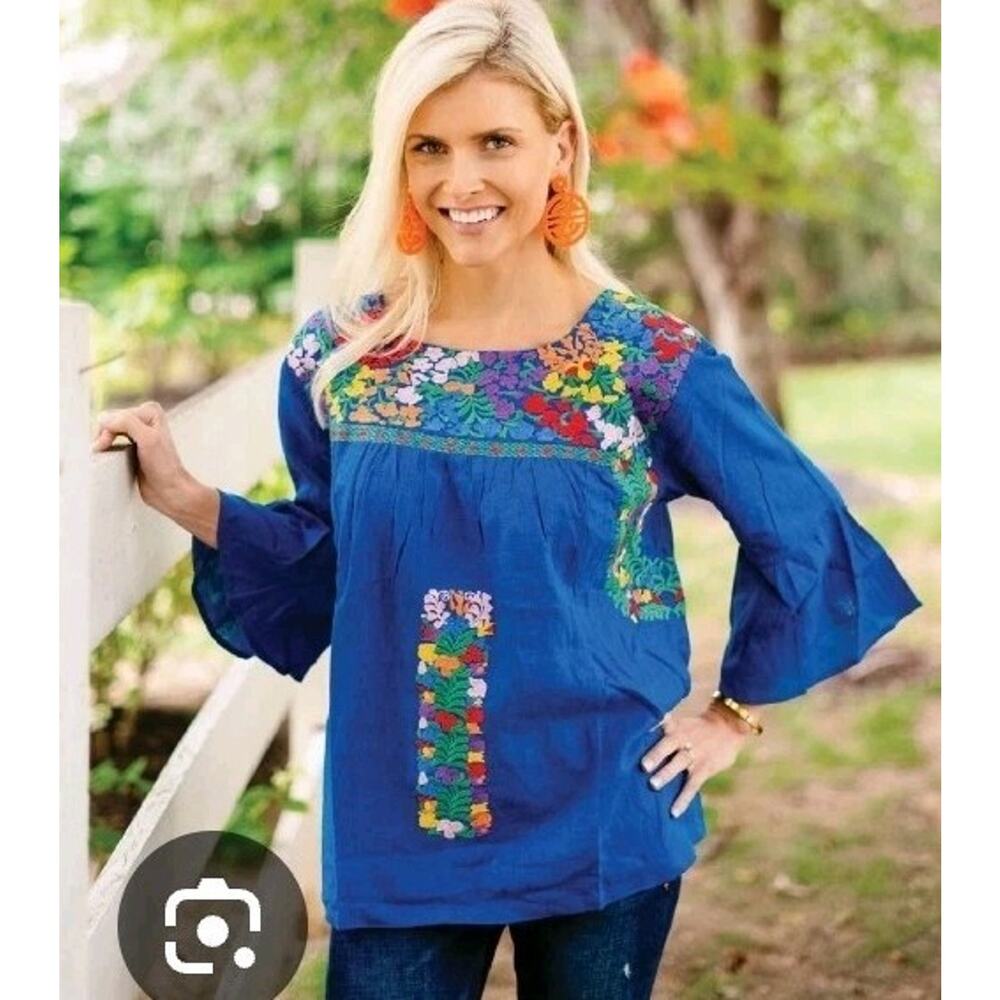 J. Marie Womens Blue Embroidered Jenna Flared Sleeve Floral Top Small